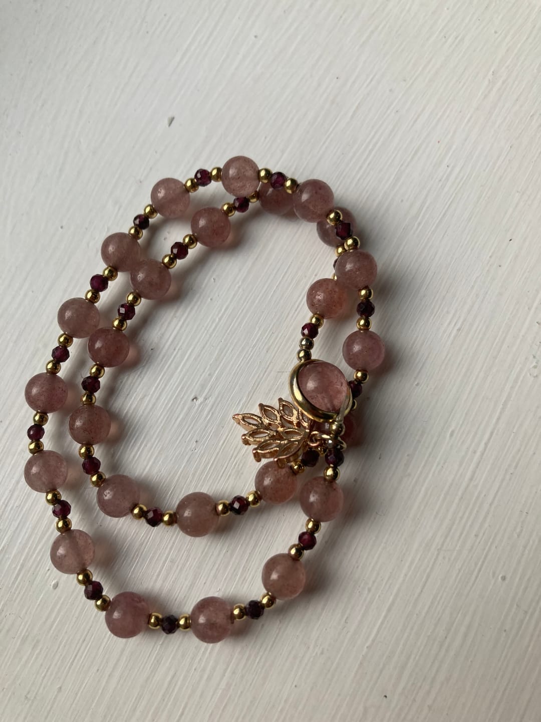 Customer photo review of Natural Strawberry Quartz Love Healing Maple Leaf Charm Double Wrap Bracelet