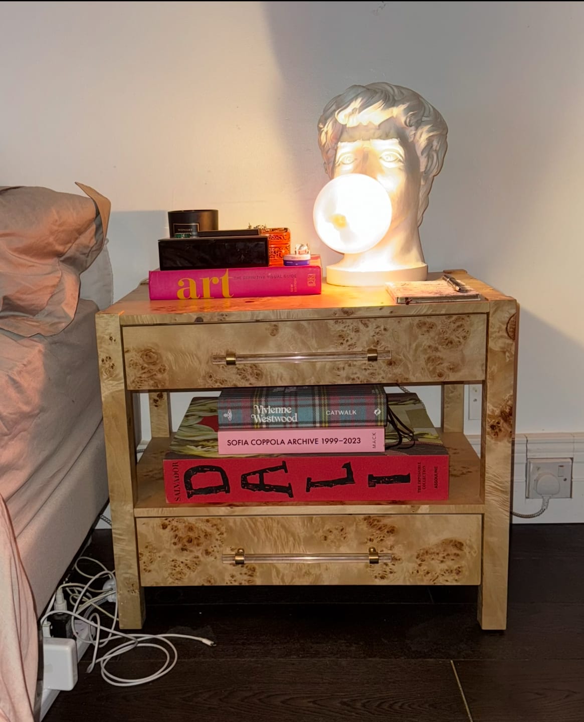 Customer photo review of Brandyss Natural Burl Nightstand Bedside Table