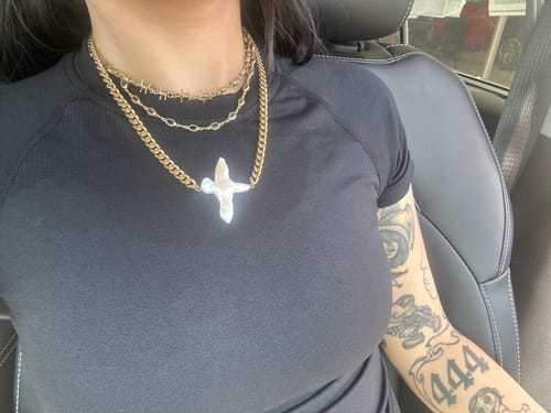 Customer photo review of Chunky Pearl Cross Cuban Necklace