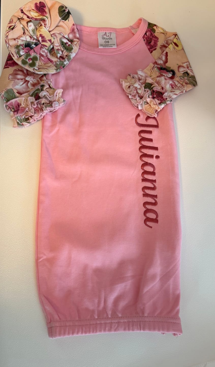 Customer photo review of Pink Floral Baby Gown Headband Set with Hidden Zipper (Swatch Included)