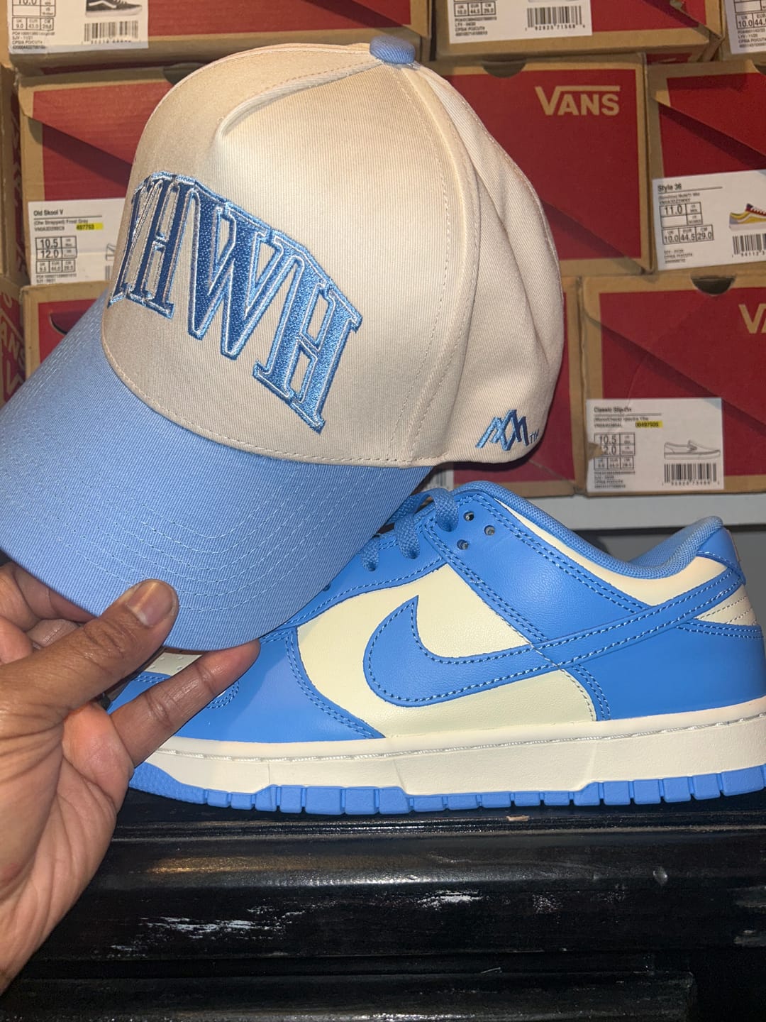 Customer photo review of ‘YHWH’ Structured SnapBack - Cream/Baby Blue