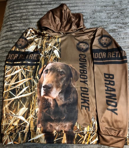 Customer photo review of Custom Hunting Dog's Photo and Name All over printed Shirt | brown color FSD4602