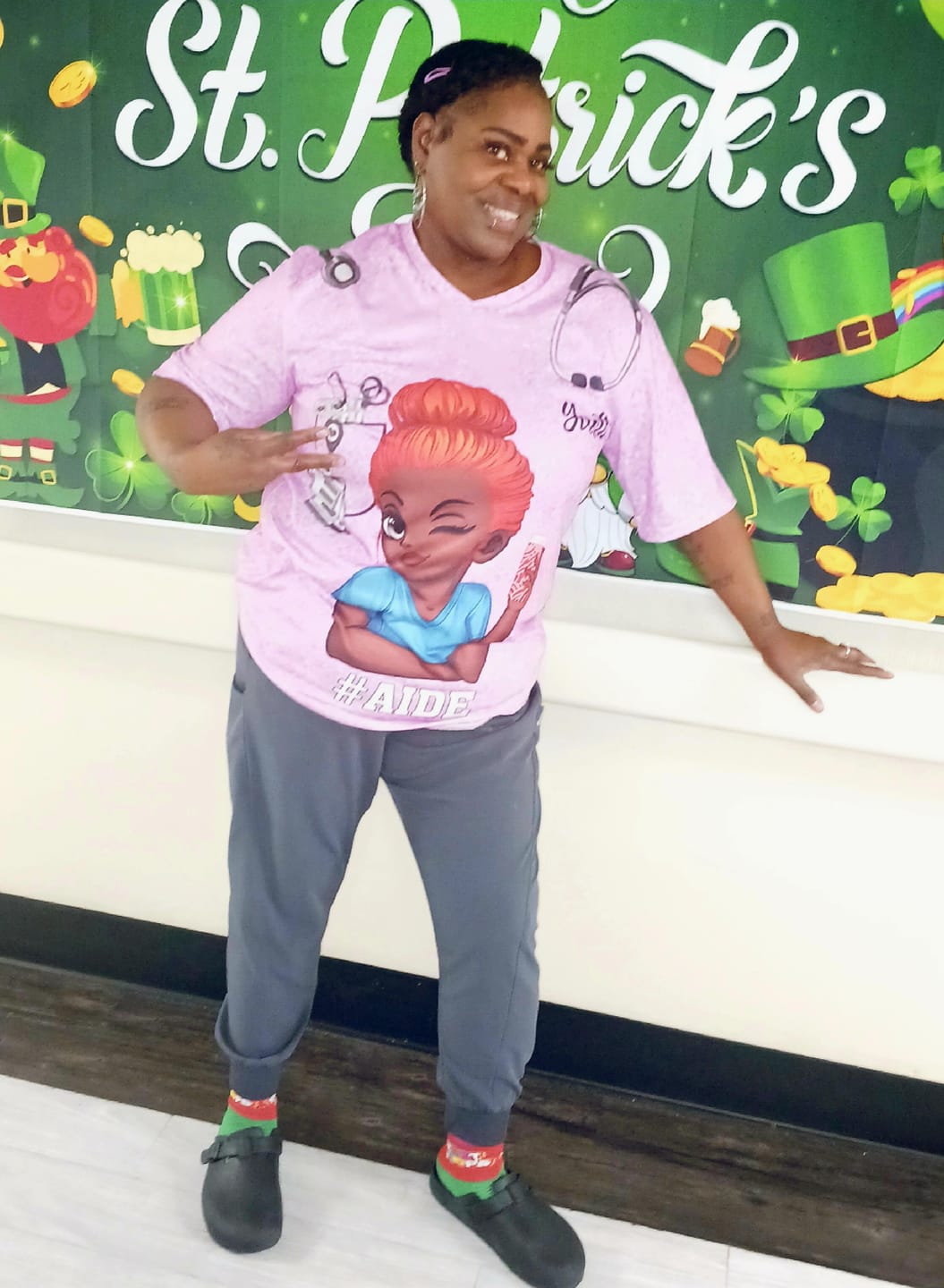 Customer photo review of Pretty Doll Nurse Scrub CNA RN Healthcare Worker Personalized V-neck 3D T-shirt