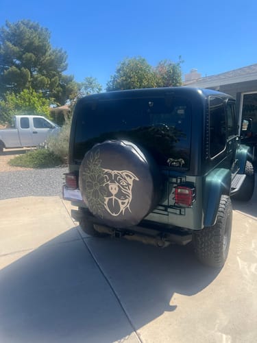 Customer photo review of Flowers & Pit Bull Spare Tire Cover Design for Jeep, Bronco, Campers, RV, Trailers, & More