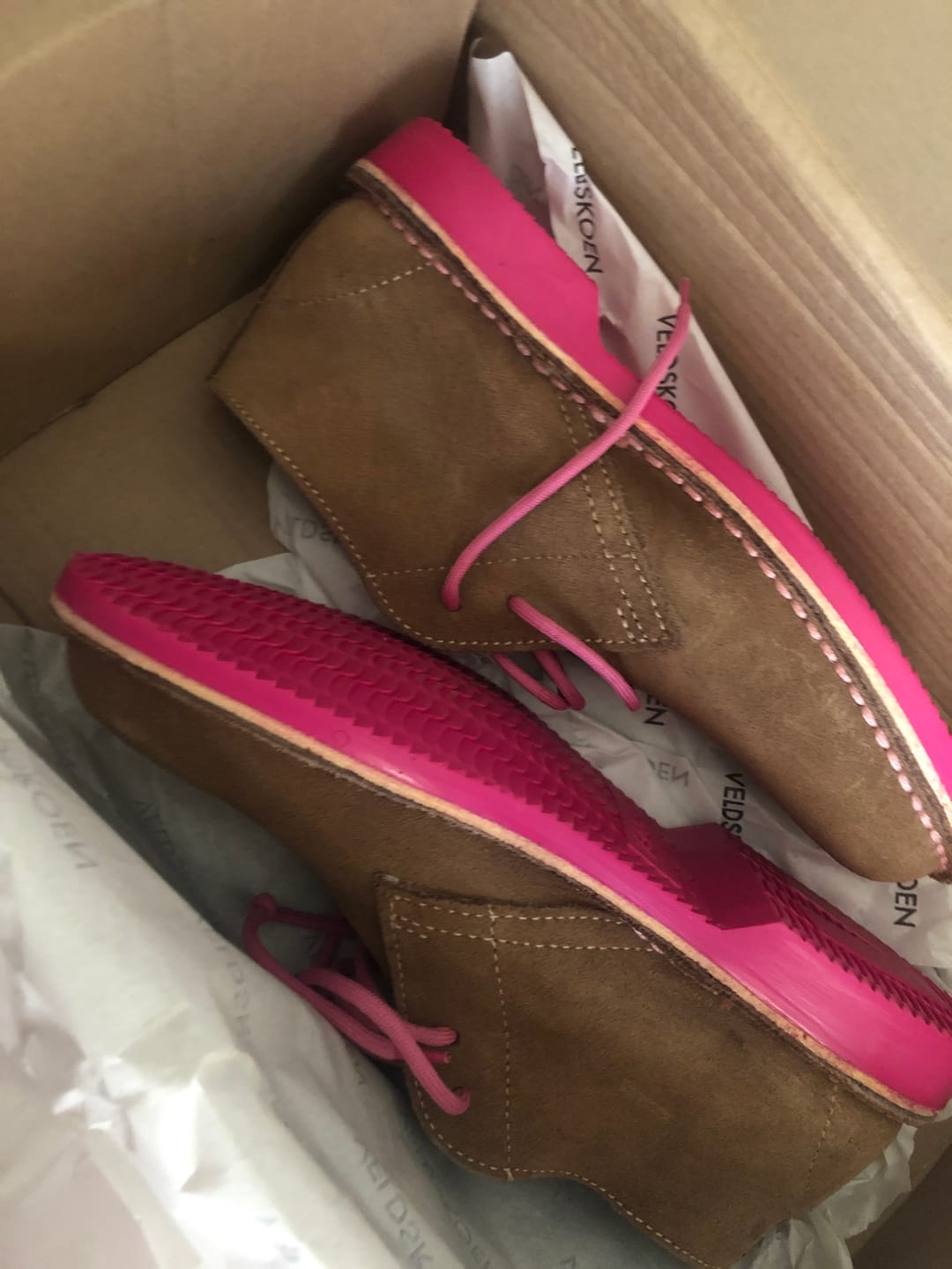 Customer photo review of VELDSKOEN HERITAGE HADEDA (HOT PINK SOLE - LEATHER SHOE)