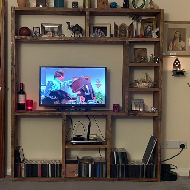 Customer photo review of Reclaimed Wood Bookcase | Rustic Scaffold Shelving Unit | Handmade Timber Bookshelf | TV Stand & Media Console Options | Unique Custom Dimensions - tvog