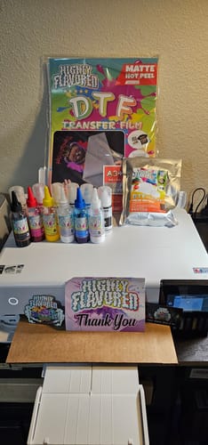 Customer photo review of DTF Starter Bundle: A3+(13x19) Hot Peel, 500g Soft Powder & 100ml Ink Set