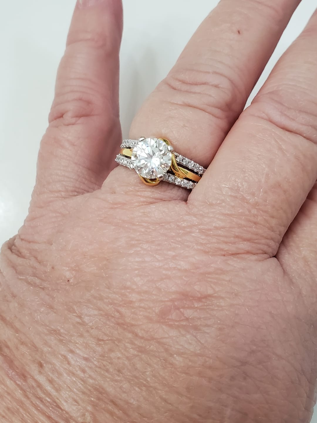Customer photo review of Round Moissanite Two Tone Vine Split Shank Pave Engagement Ring