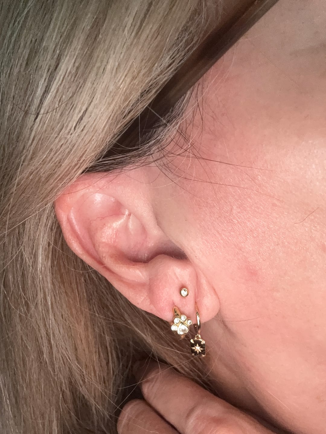 Customer photo review of Dog Paw Sapphire Huggie Earrings