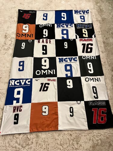 T-shirt quilt with volleyball themes by Audrey from CA