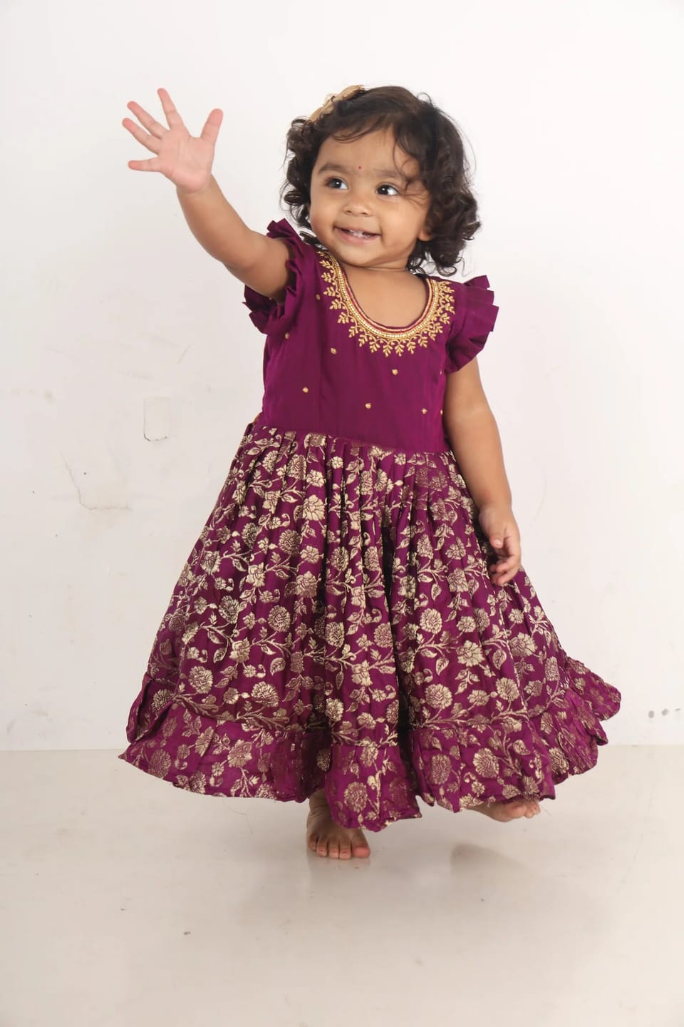 Customer photo review of Wine color embroidery banarasi silk ethnic dress for baby girl