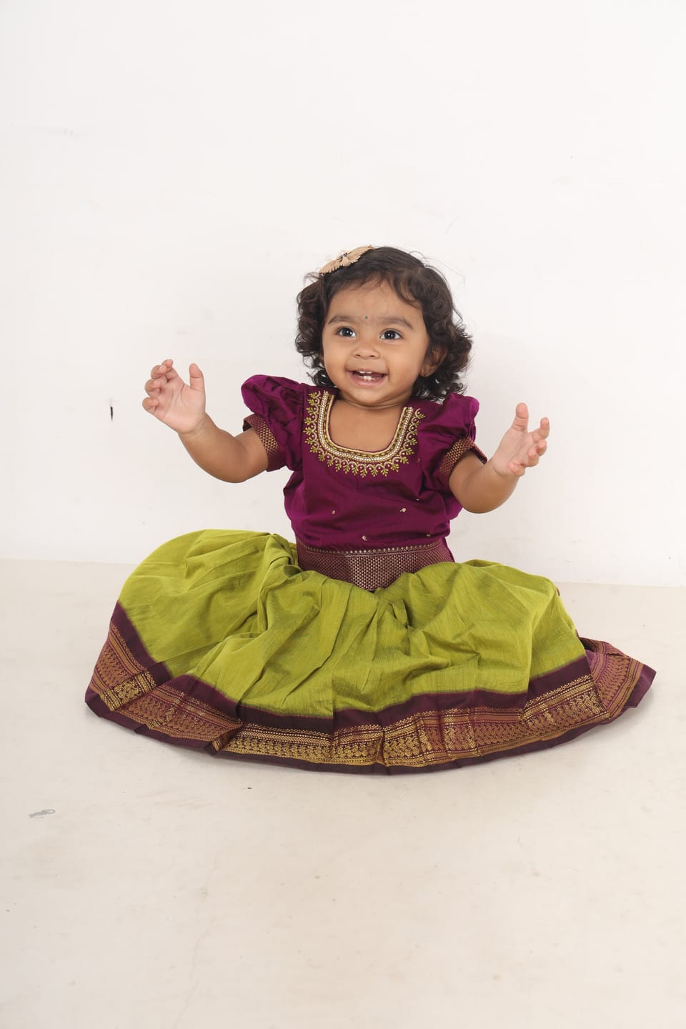 Customer photo review of Green and wine traditional langa blouse embroidered zari border dress for baby girl (100% Pure Cotton)