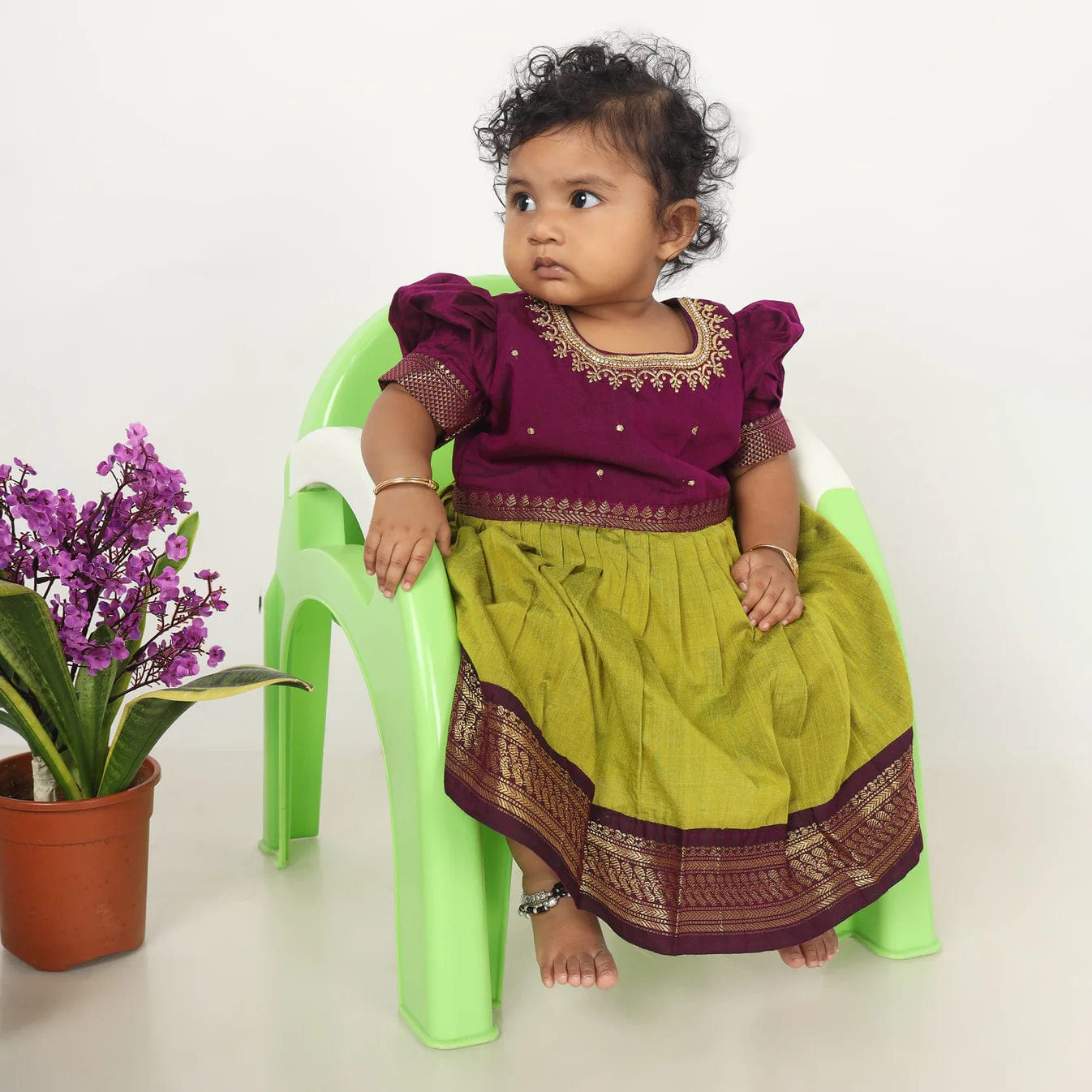 Customer photo review of Green and wine traditional langa blouse embroidered zari border dress for baby girl (100% Pure Cotton)