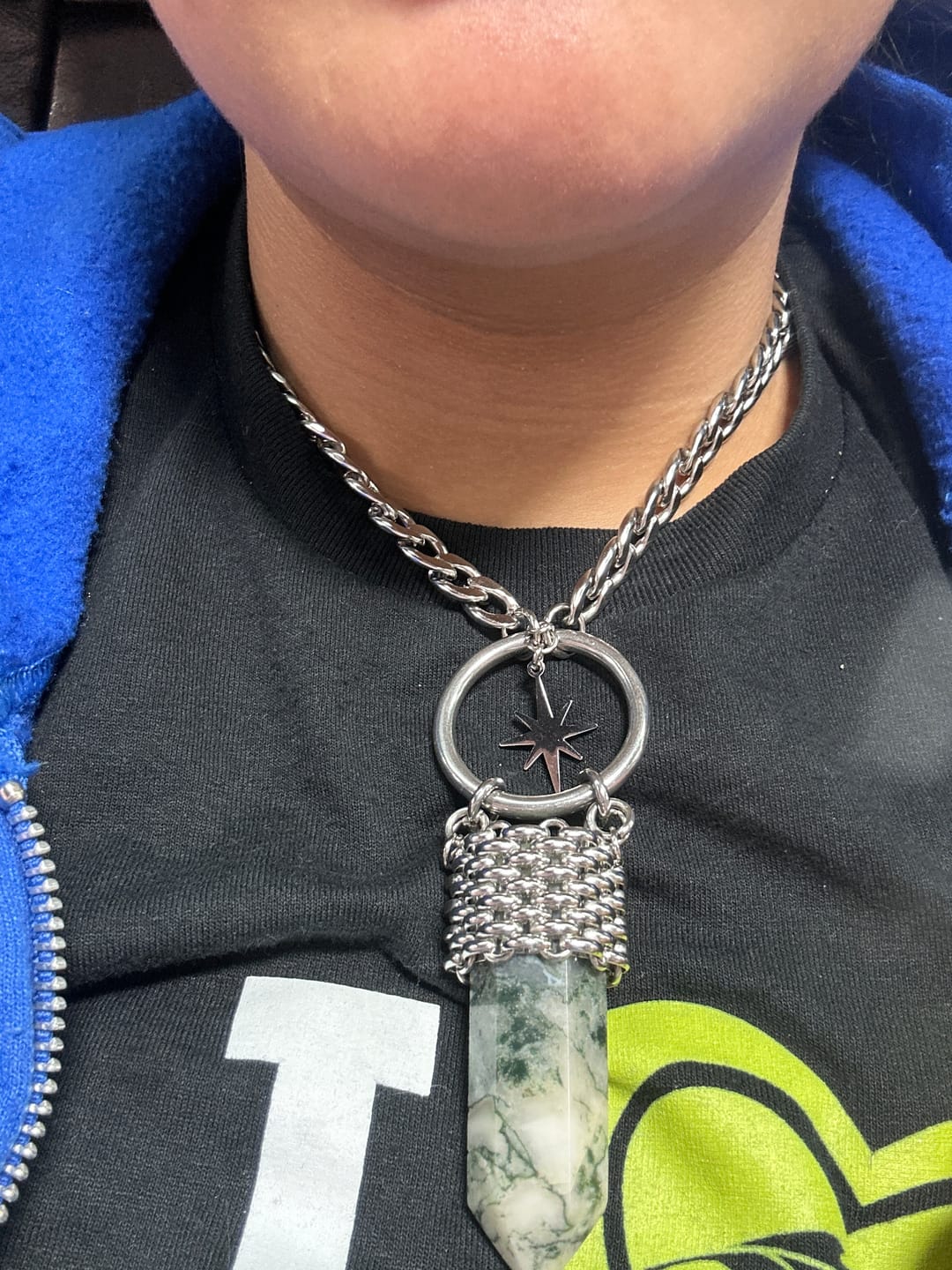Customer photo review of Moss Agate Starburst Necklace