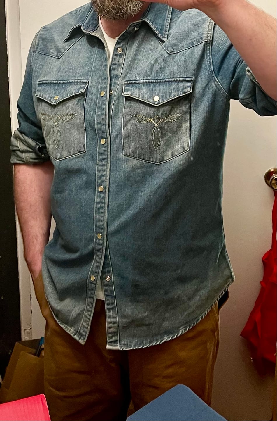 Customer photo review of 1950s Slub Denim Western Shirt