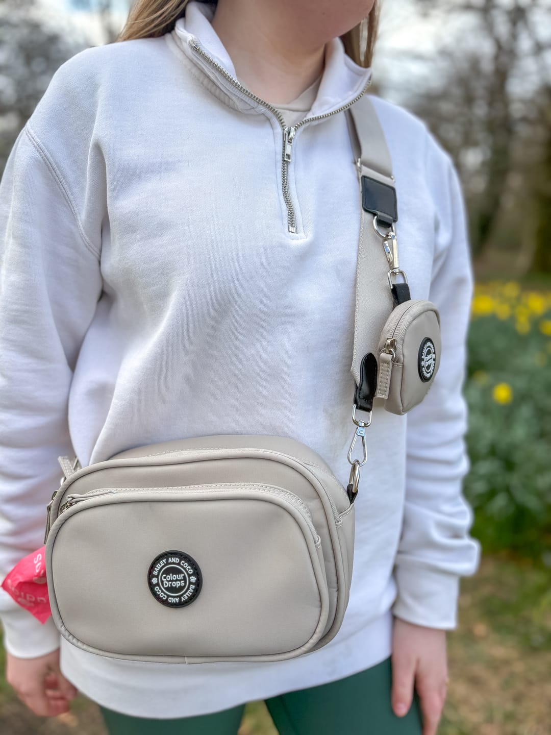 Customer photo review of Dog Walking Bag - Latte with Latte Strap