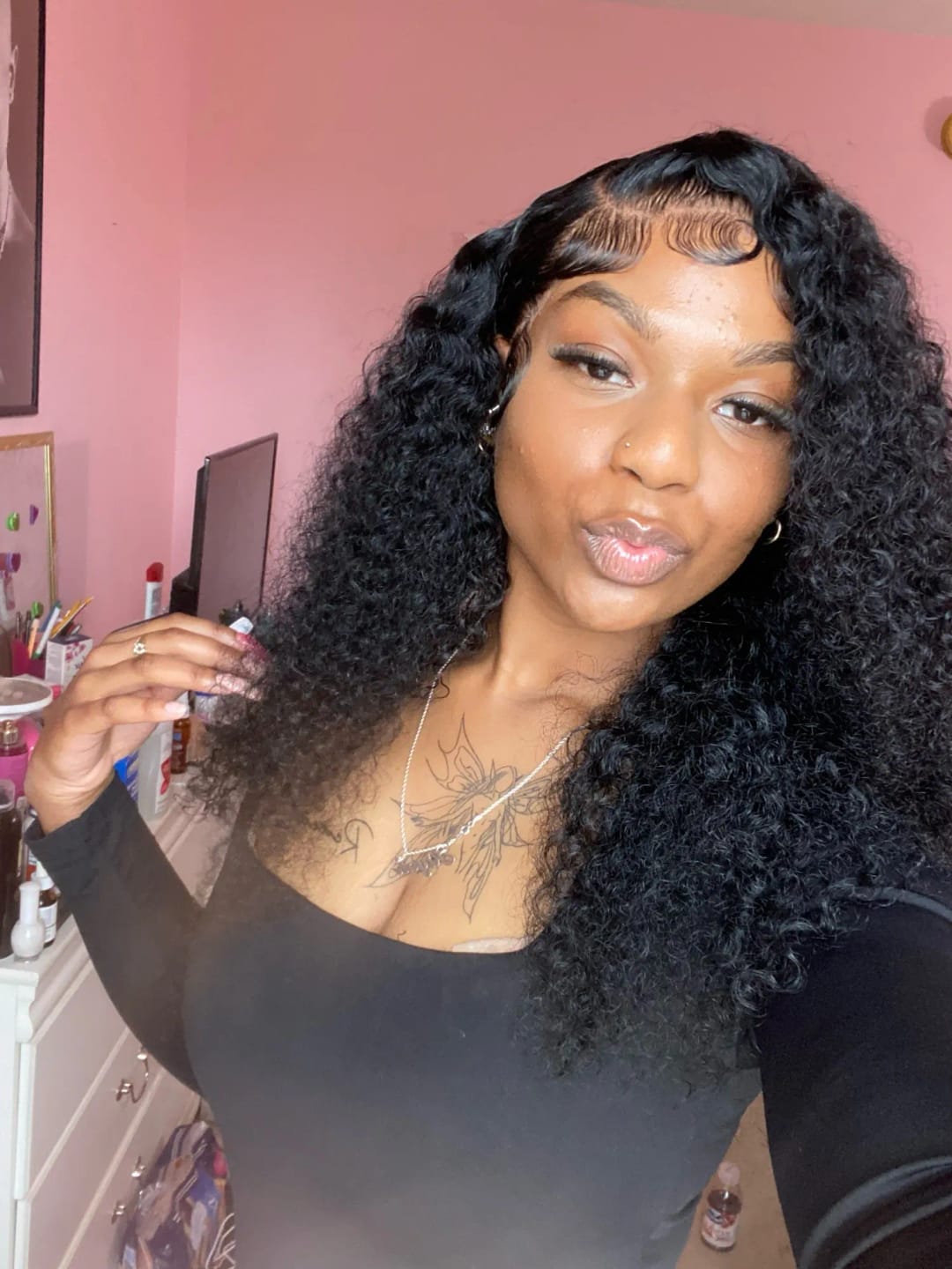 Customer photo review of MORE FACE 360 Glueless Wig Water Wave Invisi Drawstring Wear And Go Wig Quick Install Pre-Bleached And Pre-Cut HD Lace Human Hair Wigs Beginner Friendly
