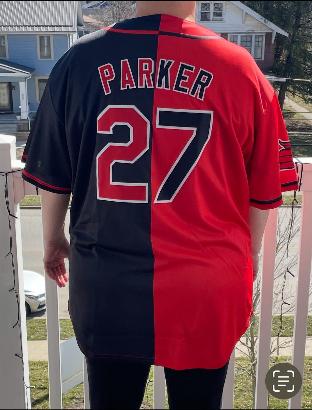 Customer photo review of Custom Black Red-White Hook Split Fashion Authentic Baseball Jersey