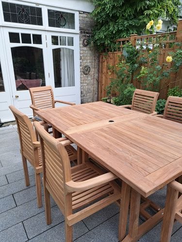 Customer photo review of Teak Rectangle 180-240cm Extending Table 4cm Top (8 Oxford Stacking Chairs) Cushions included