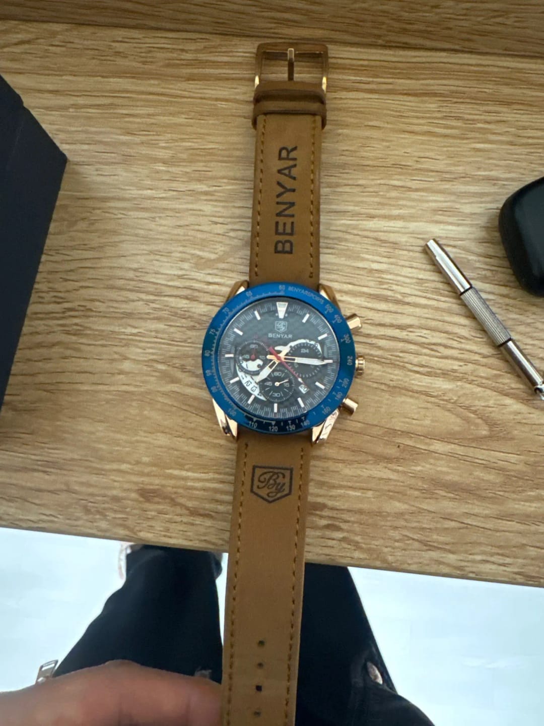 Customer photo review of Leather Strap Chronograph Watch With Sculpted Stainless Steel Case And Luminous Hands — Tan | KIMLUD