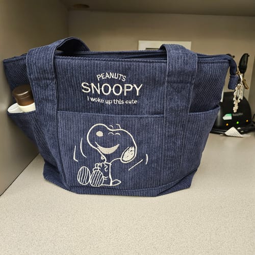 Customer photo review of Peanuts Snoopy Corduroy Tote Bag - I Woke Up This Cute (4 Colors)