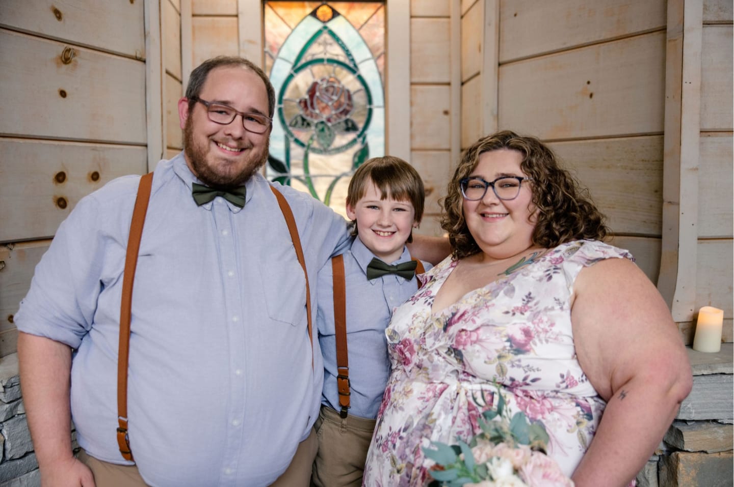 Customer photo review of Olive Bow Tie & Cognac Buckle Suspenders Set