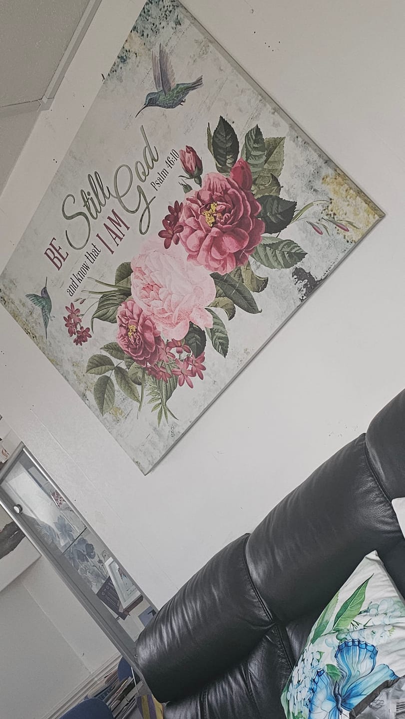 Customer photo review of Be Still and Know That I Am God, Vintage Flower Hummingbird, Wall art canvas