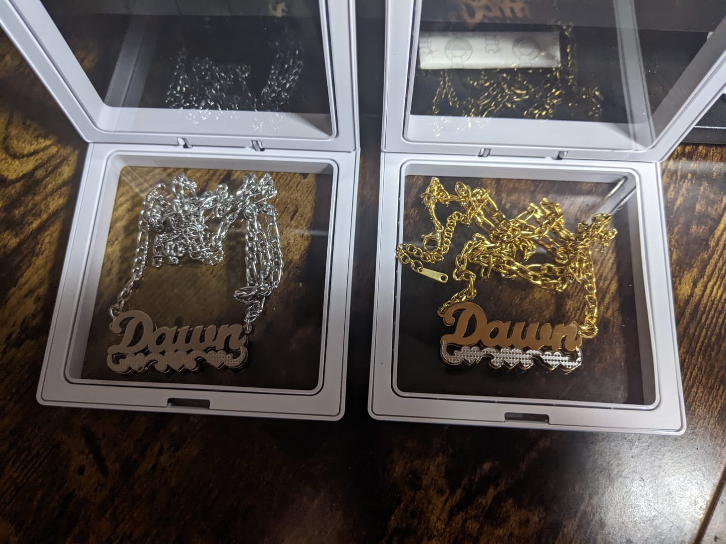 Customer photo review of Double Plated Triple Heart Name Necklace w/ Cuban Chain