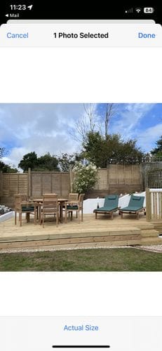 Customer photo review of Teak Round to Oval 120-170cm Extending Table, 4cm Top (6 Oxford Stacking Chairs) cushions included.