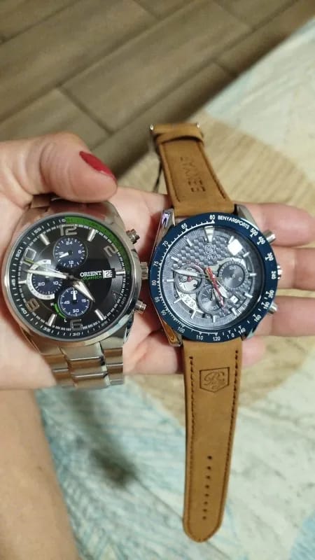 Customer photo review of Leather Strap Chronograph Watch With Sculpted Stainless Steel Case And Luminous Hands — Tan | KIMLUD