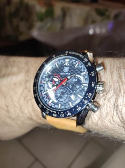 Customer photo review of Leather Strap Chronograph Watch With Sculpted Stainless Steel Case And Luminous Hands — Tan | KIMLUD