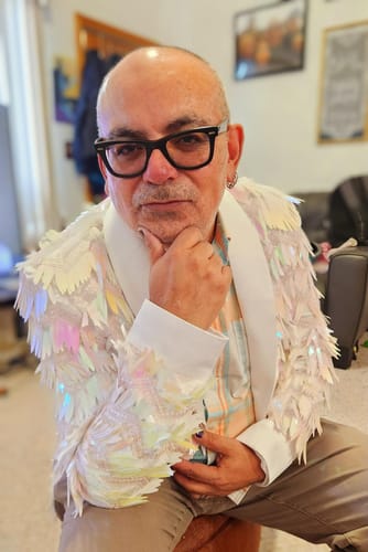 Customer photo review of Men's One-Button Geometric Sequin Pink Jacket