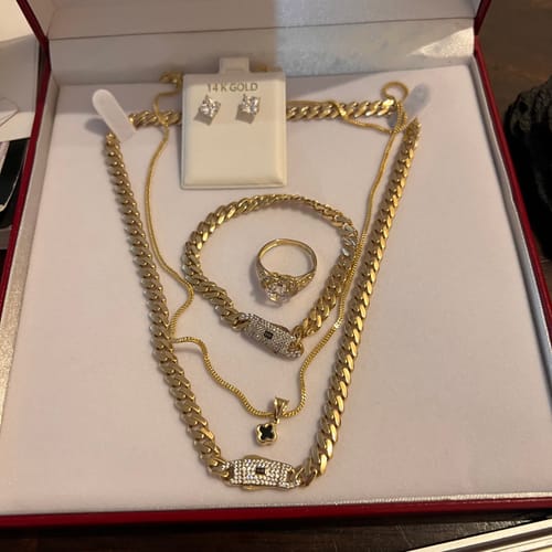 Customer photo review of 14k Hollow Cuban MONACI Choker & Bracelet Set (6MM) + Heart Engagement Ring + Franco Chain w/ Pendant + CZ Earrings JTJ™