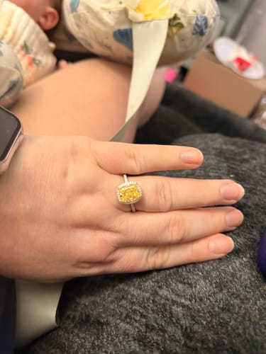 Customer photo review of Louily Noble Halo Cushion Cut Yellow Stone Engagement Ring
