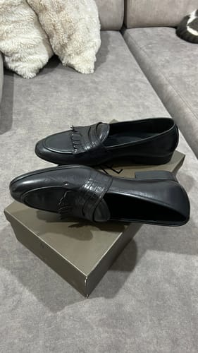 Customer photo review of Belgian Loafer - Black Grey Phyton Penny Strap with Studded Fringe (Hand Painted Patina)