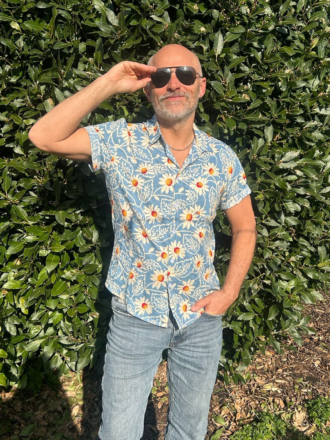 Customer photo review of Men's Retro Beach Hawaiian Cotton Holiday Button Up Blue Short Sleeve Floral Shirt