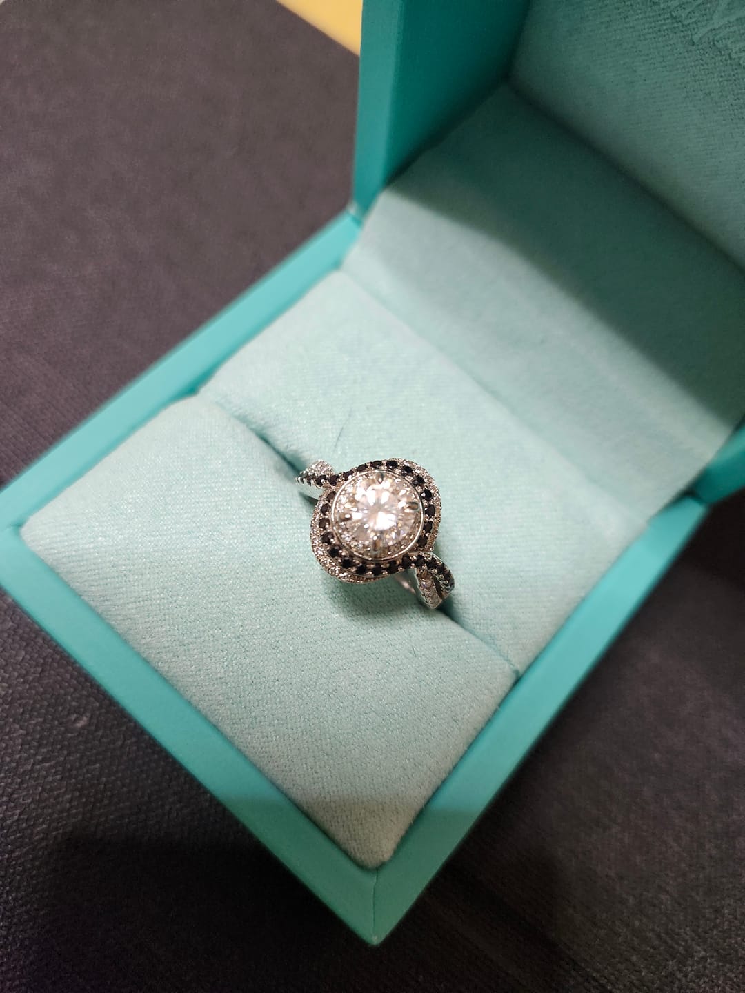 Customer photo review of Double Halo Moissanite Black Pavé Swirl Engagement Ring