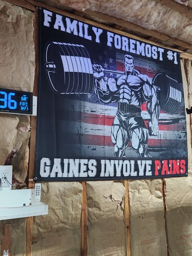 Customer photo review of Custom Garage Gym Flags for Home Gym Decor Bodybuilding Motivation Quote 10466