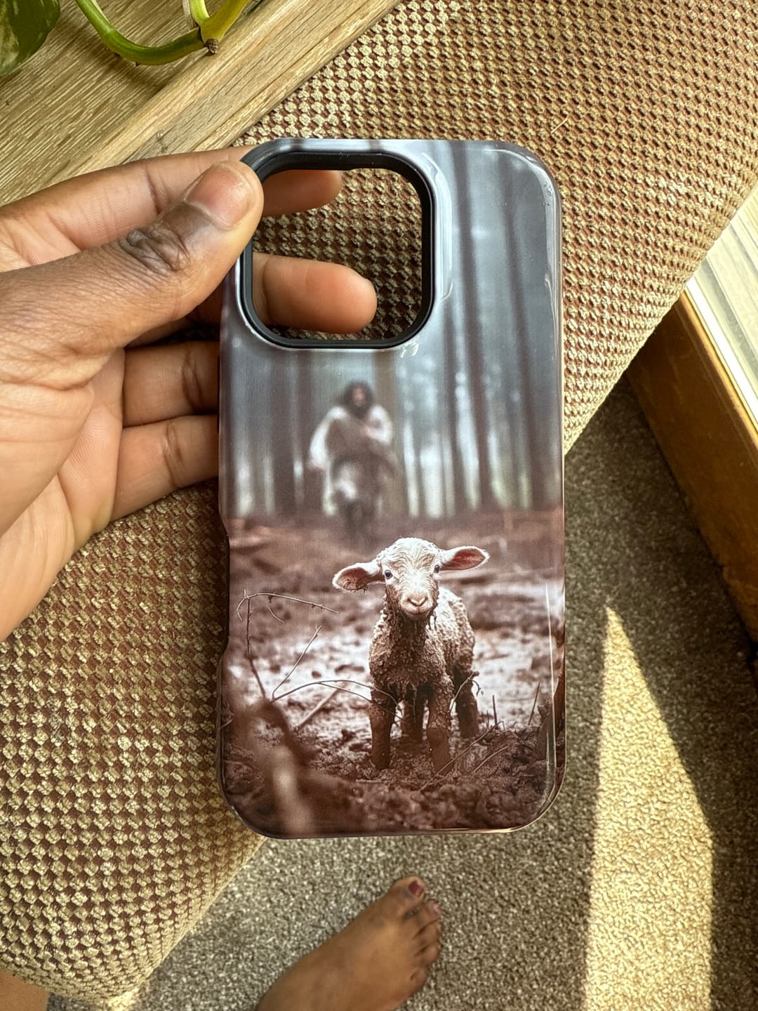 Customer photo review of Jesus With The Sheep, Jesus Running After Lamb, Phone Case