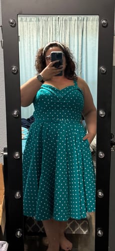 Customer photo review of Maneater Swing Dress in Teal Blue Polka Dot - Vixen by Micheline Pitt