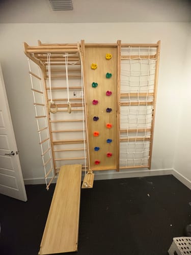 Customer photo review of Walnut 9-in-1 Swedish Ladder Wall Gym | Indoor Wooden Climber & Activity Set for Kids