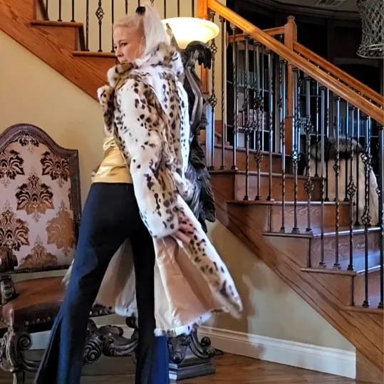 Customer photo review of Rabbit Fur Coat Belted Long Coat With Turn Down Collar Luxurious — Leopard Print | KIMLUD