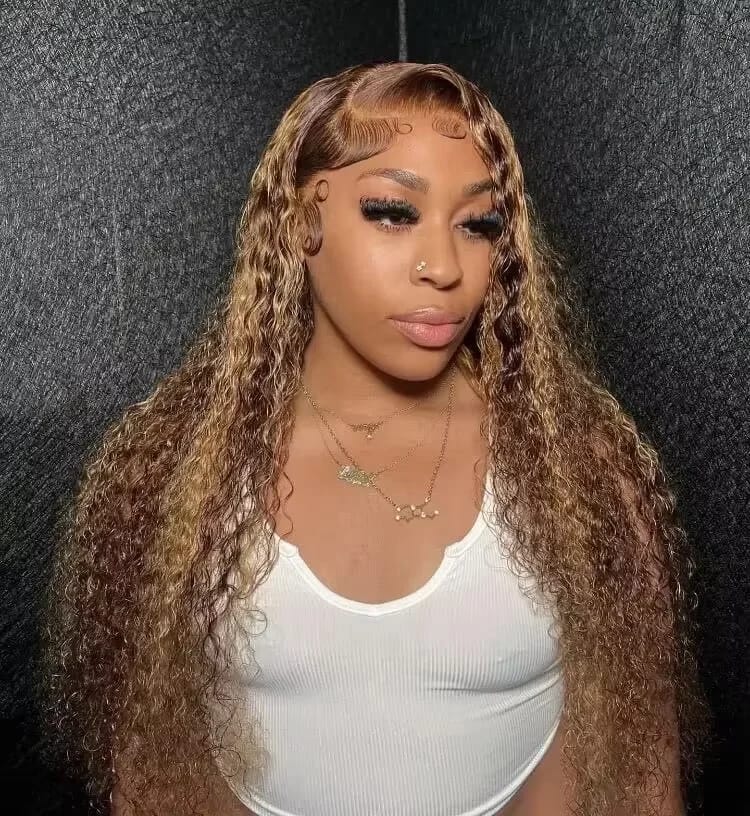 Customer photo review of Human Hair Wig Ombre Curly Loose Deep Wave Lace Front — Honey Blonde | KIMLUD