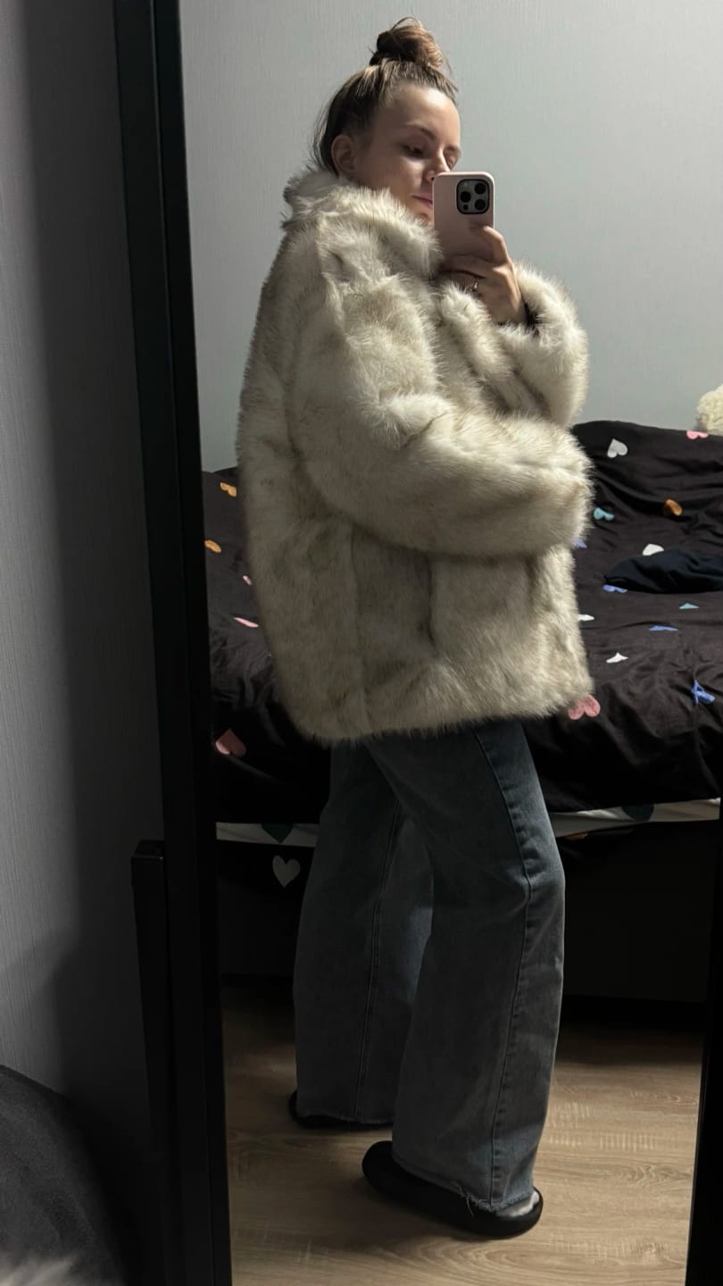 Customer photo review of Faux Fur Long Plush Coat Streetwear High Quality Fluffy Dyed Fox Fur — Black | KIMLUD