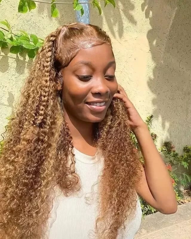 Customer photo review of Human Hair Wig Ombre Curly Loose Deep Wave Lace Front — Honey Blonde | KIMLUD