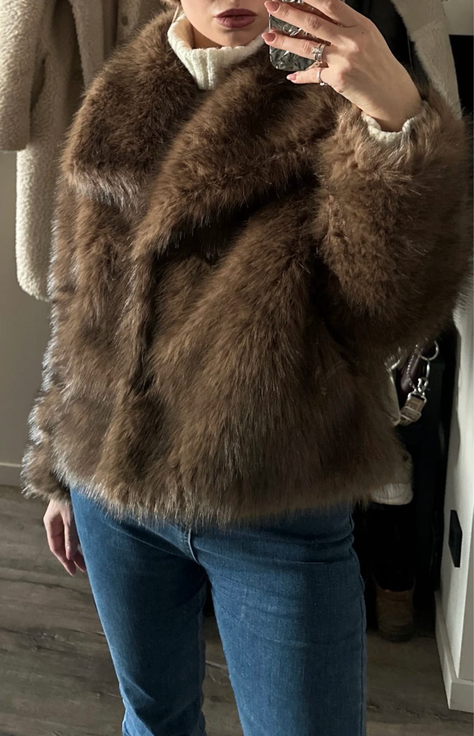 Customer photo review of Gradient Faux Fox Fur Coat With Big Fur Collar — Black | KIMLUD