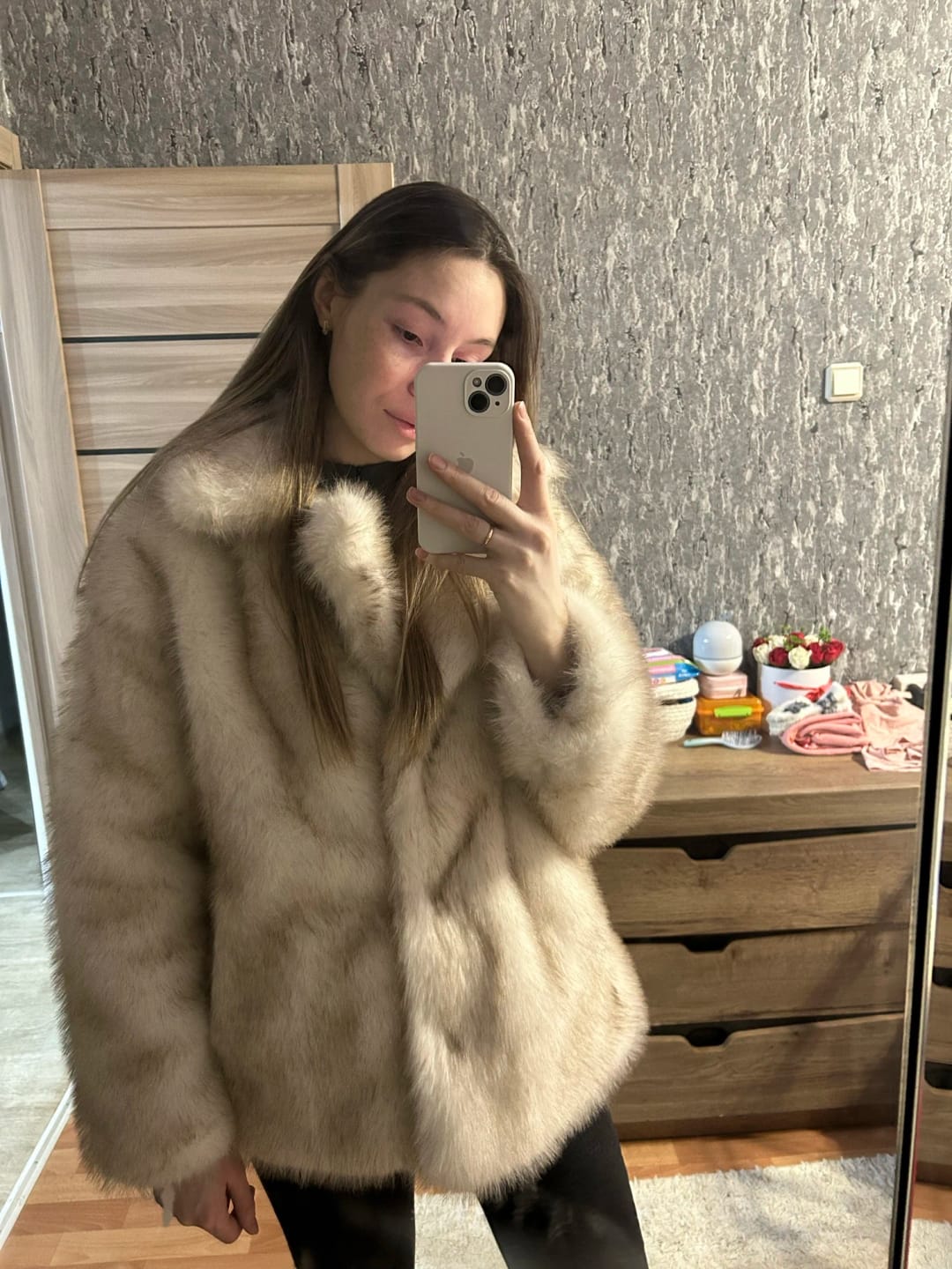 Customer photo review of Faux Fur Long Plush Coat Streetwear High Quality Fluffy Dyed Fox Fur — Black | KIMLUD