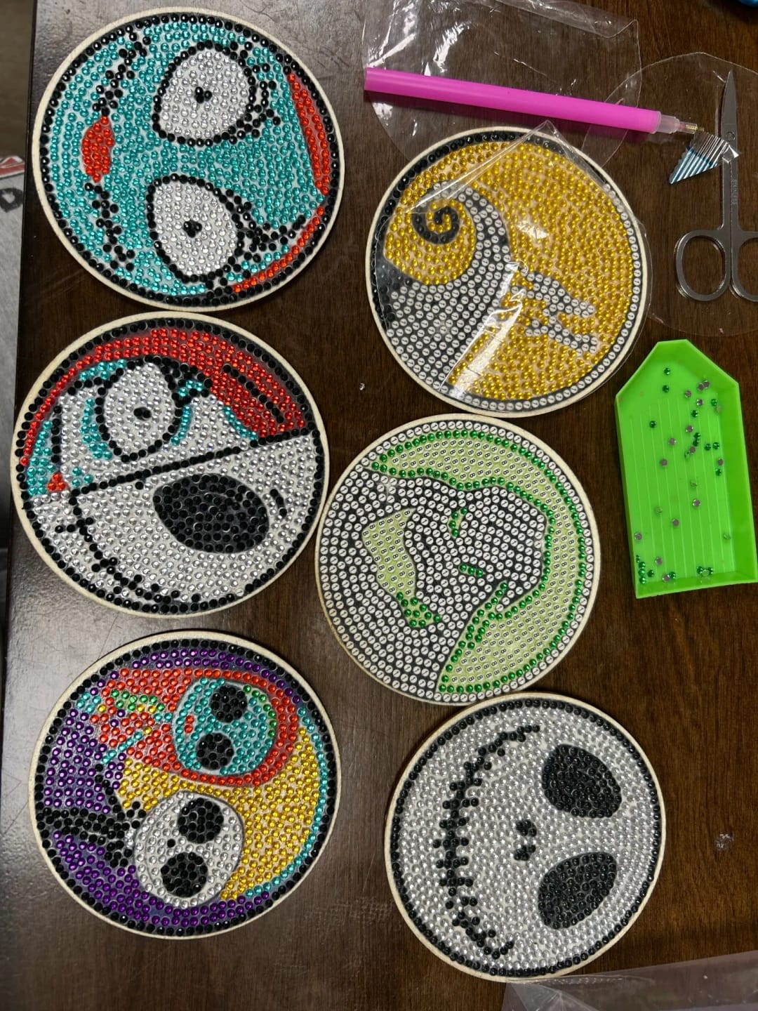Customer photo review of Halloween Skull Jack 6 Pieces DIY Crystal Glitter Diamond Painted Wooden Art Coaster with Stand