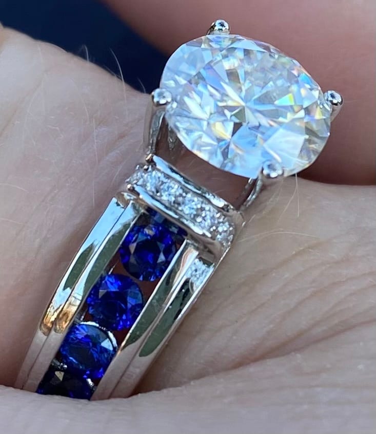 Customer photo review of Moissanite With Channel Set Sapphire Accents Engagement Ring