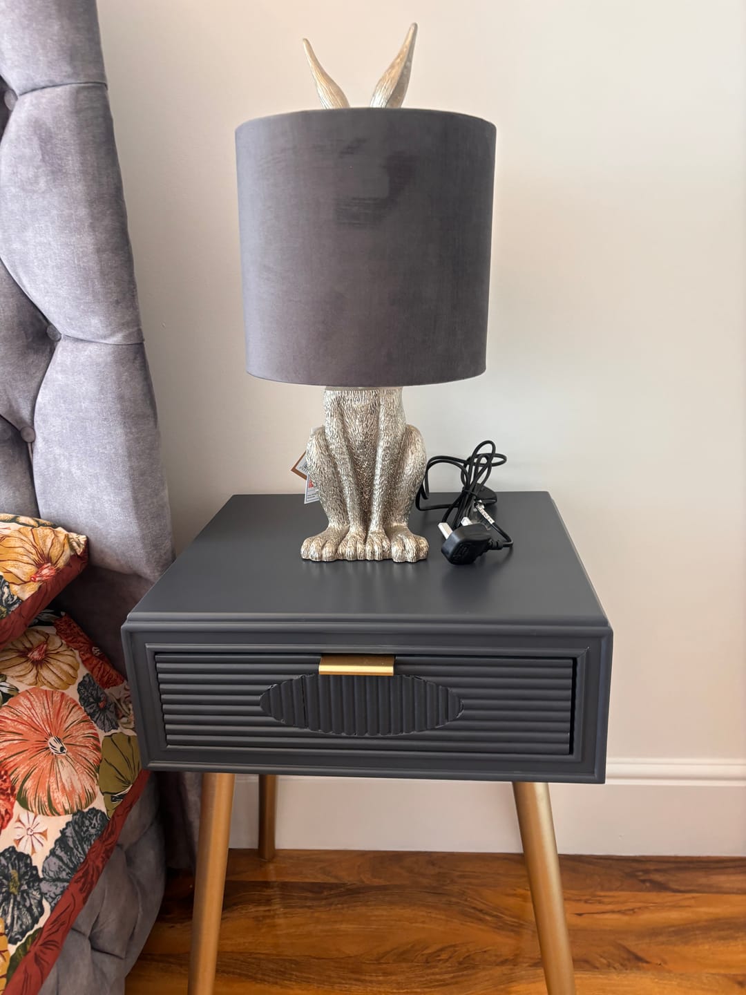 Customer photo review of Hill Interiors Silver Hare Table Lamp With Grey Velvet Shade